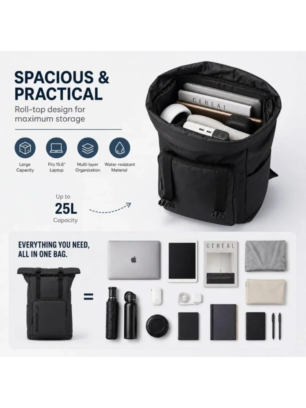 Water-Resistant Roll Top Laptop Backpack for Travel, Work & School - Fits